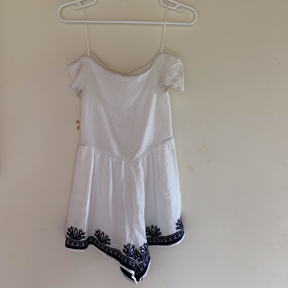 White Off the Shoulder Romper with Blue Embroidery